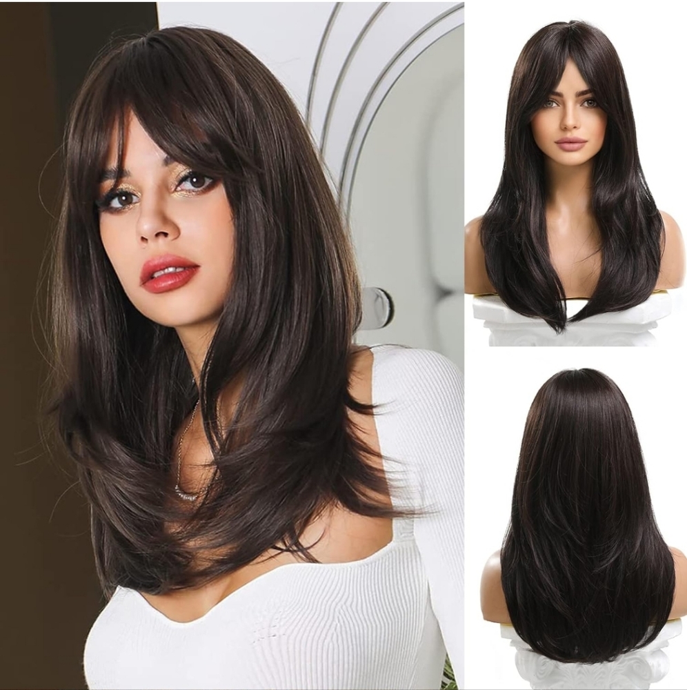 20 Inches Long Straight Black Brown Layered Synthetic Hair Wig